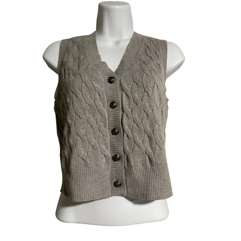 Marled Womens Cable Knit Buttoned Cropped Sweater Vest Sz Small Heather Gray
